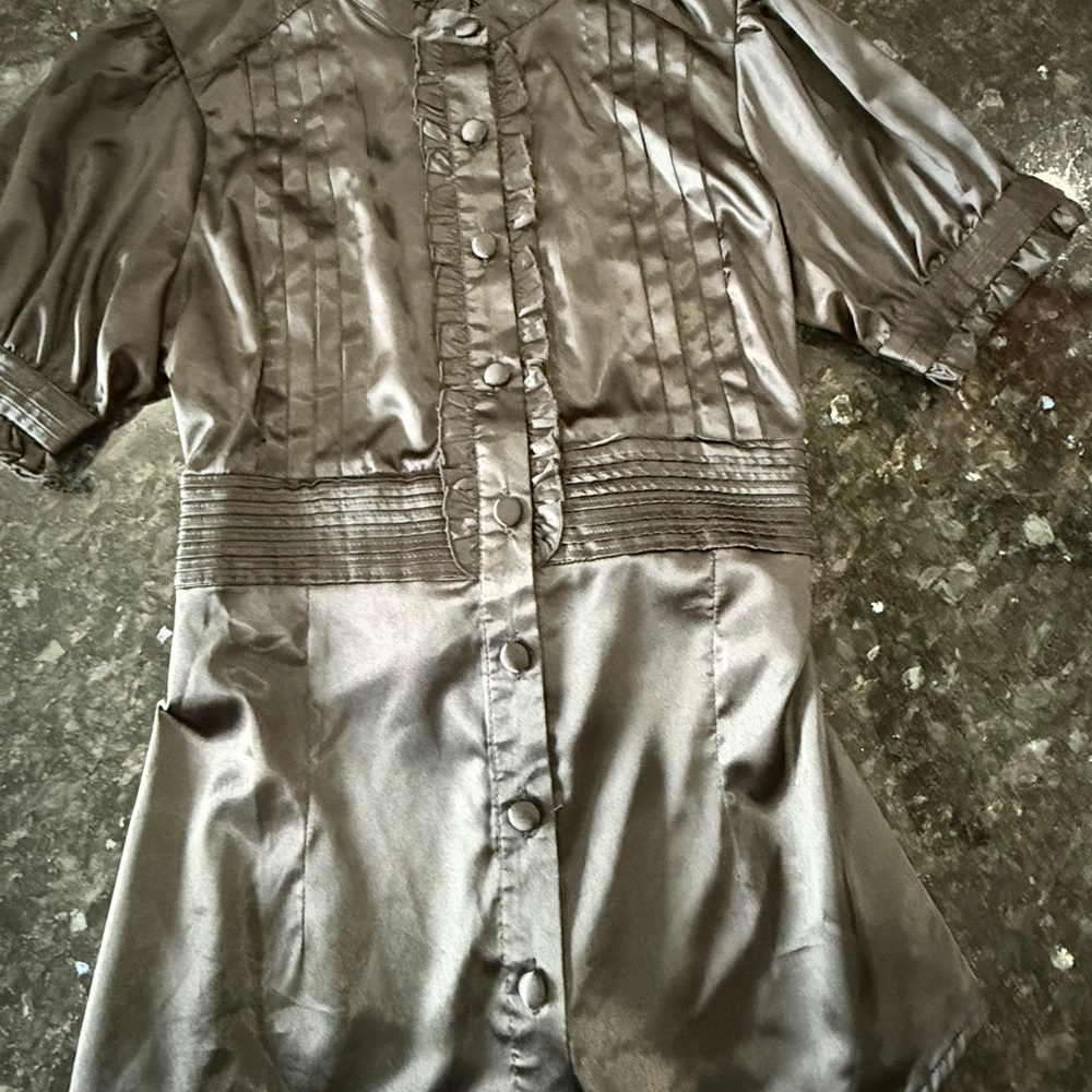 Gothic Black Satin Button-Down Short-Sleeve Blouse w/ Tie Back (adjustable)